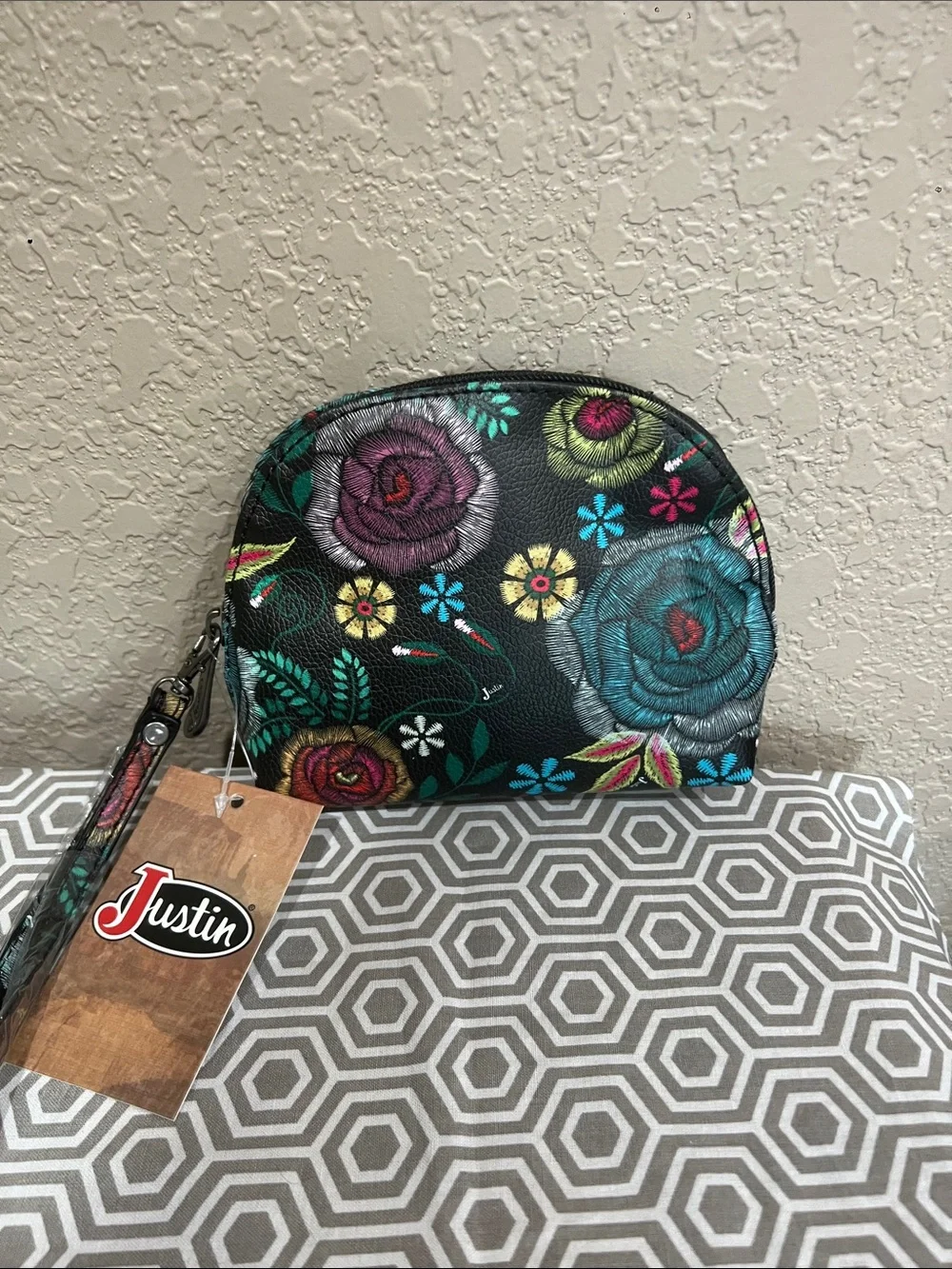 Justin Boots Black Floral Embroidered Cosmetic Wristlet